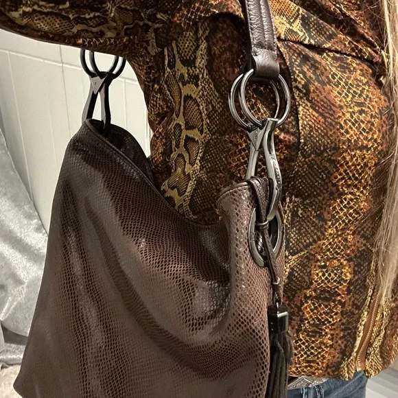 JPK Paris Brown iridescent faux reptile hobo bag with gunmetal hardware. NWOT - Picture 4 of 13